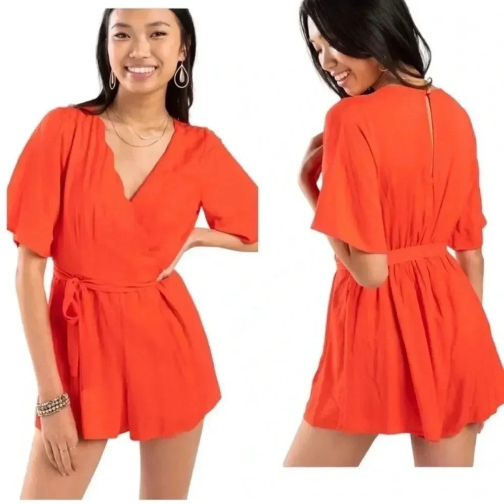 Jun & Ivy Red Scalloped Wrap Front Romper Belted Preppy Boutique